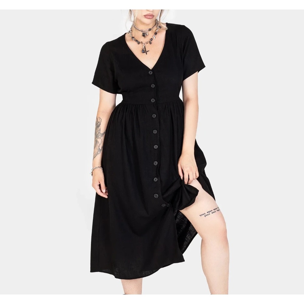 NWT Disturbia Rowan Linen Button Up Midi Dress - Black Size US 12 Short Sleeve